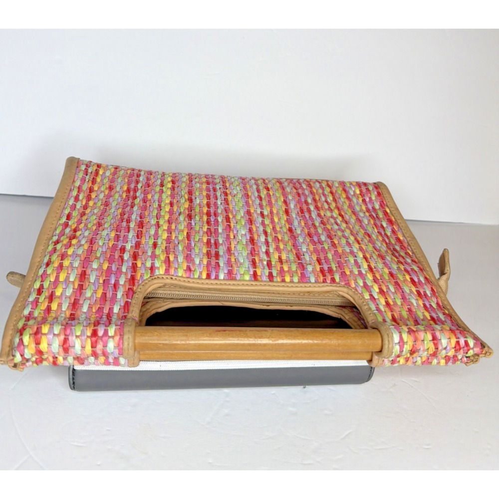 Vintage EGO Woven Straw Handbag Wood Handle Multicolor Resort Summer Chic Y2K - Picture 9 of 13